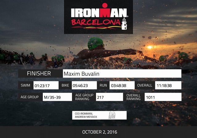 Certifikate finisher Ironman. Maxim Buvalin