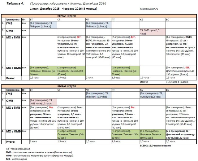 Таблица 4. 1 этап подготовки к Ironman. Декабрь 2015 - Февраль 2016 (3 месяца)